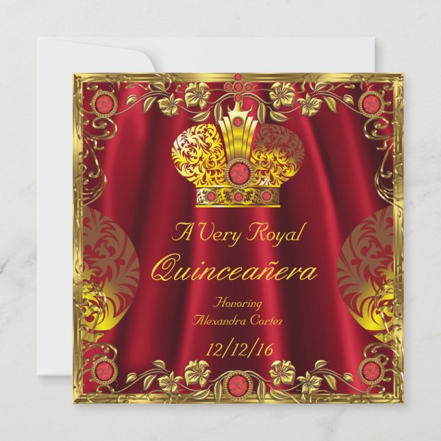 Invitación Quinceanera Royal Red Gem Gold Princess Crown 5 (Anverso)