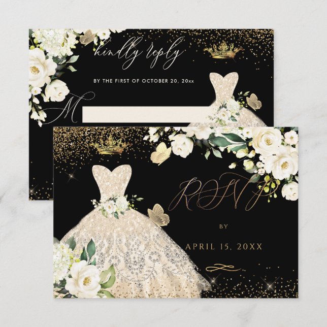 Invitación Quinceanera RSVP Champagne Purpurina de oro (Anverso / Reverso)