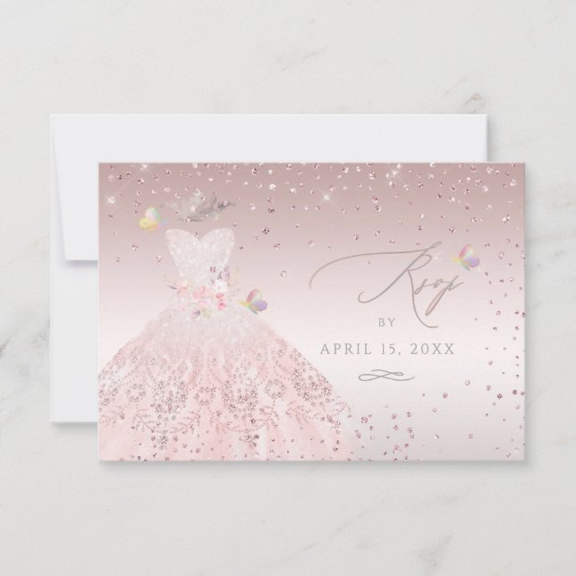 Invitación Quinceanera RSVP Dreamy Rubor Pink Gown (Anverso)