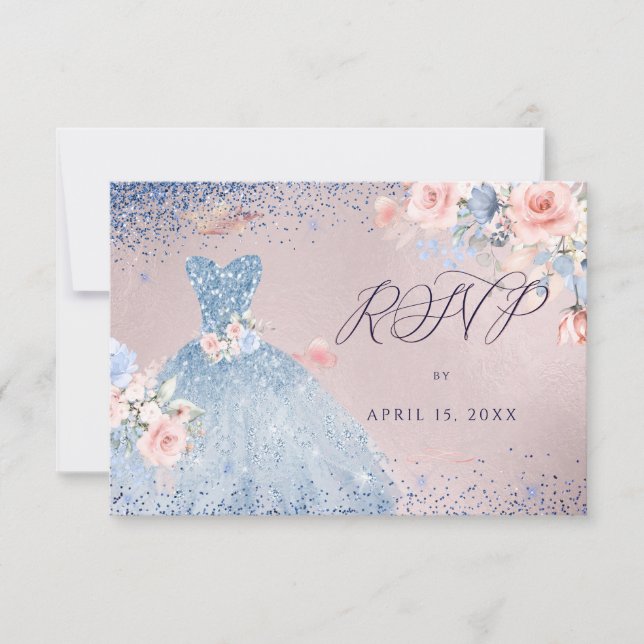 Invitación Quinceanera RSVP Dusty Blue Purpurina Gown (Anverso)