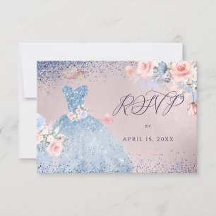 Invitación Quinceanera RSVP Dusty Blue Purpurina Gown