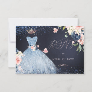 Invitación Quinceanera RSVP Dusty Blue Purpurina Gown
