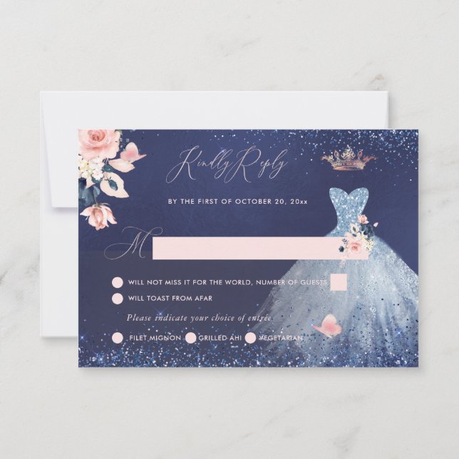 Invitación Quinceanera RSVP Dusty Blue Purpurina Princess Gow (Reverso)