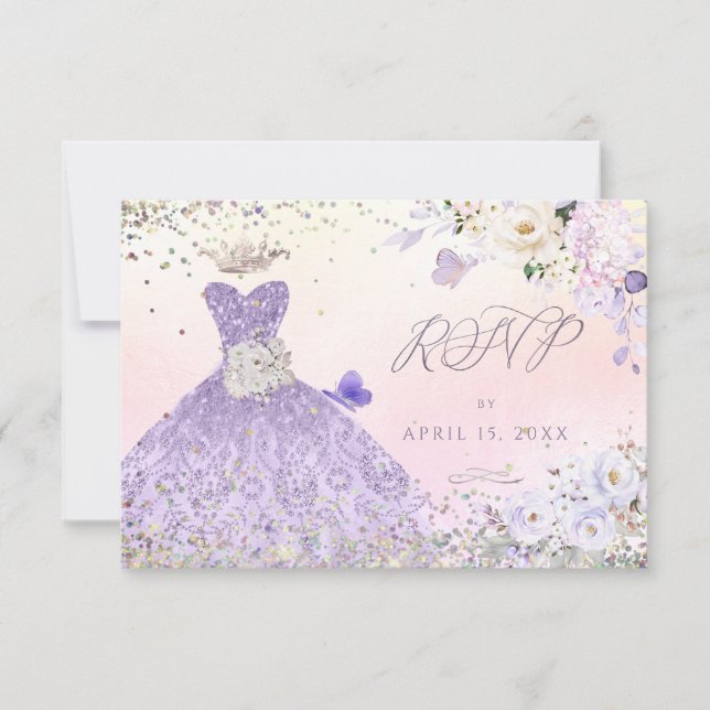 Invitación Quinceanera RSVP Dusty Purple Purpurina Gown (Anverso)