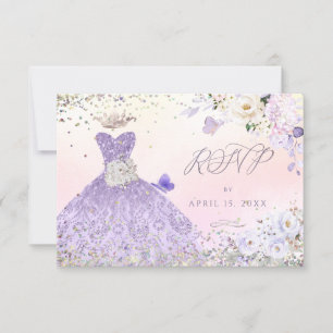 Invitación Quinceanera RSVP Dusty Purple Purpurina Gown