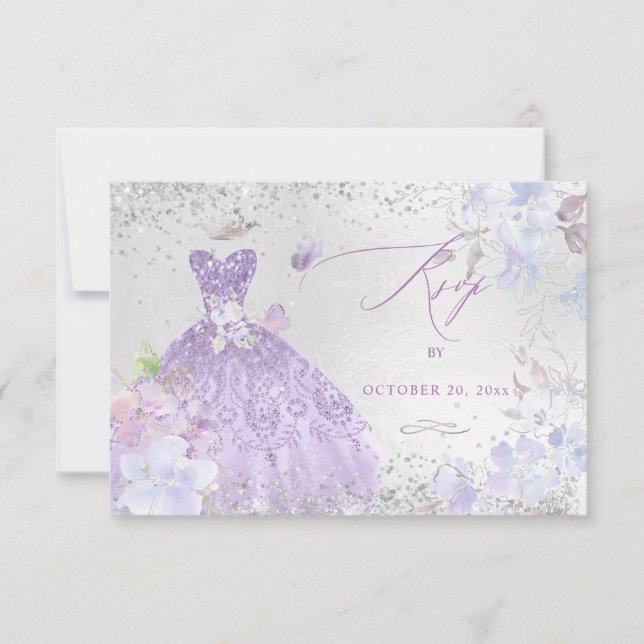 Invitación Quinceanera RSVP Dusty Purple Purpurina Gown (Anverso)