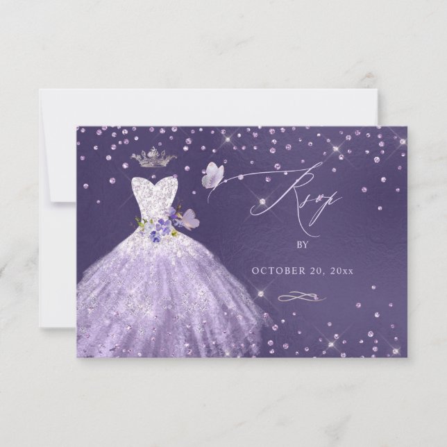 Invitación Quinceanera RSVP Dusty Purple Purpurina Gown (Anverso)