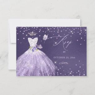Invitación Quinceanera RSVP Dusty Purple Purpurina Gown