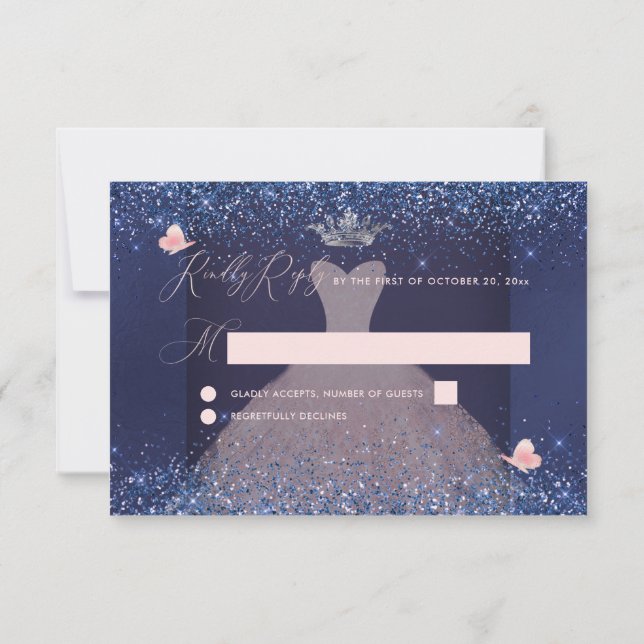 Invitación Quinceanera RSVP Mariposa Rubor trajo la marina (Reverso)