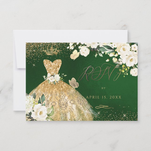 Invitación Quinceanera RSVP Purpurina de oro verde esmeralda (Anverso)