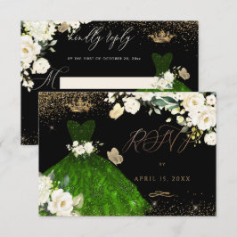 Invitación Quinceanera RSVP Purpurina verde esmeralda