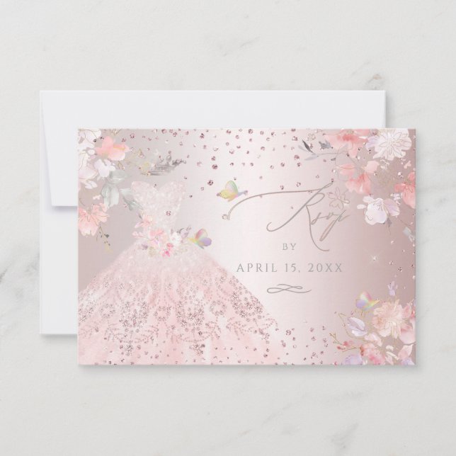 Invitación Quinceanera RSVP Rubor Guisantes dulces rosados (Anverso)