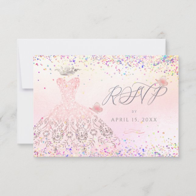 Invitación Quinceanera RSVP Rubor Purpurina rosa (Anverso)