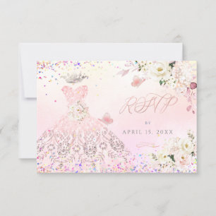 Invitación Quinceanera RSVP Rubor Purpurina Rosa Gown Invitat