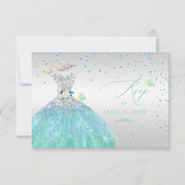 Invitación Quinceanera RSVP Turquoise Silver Purpurina Gown I (Anverso)