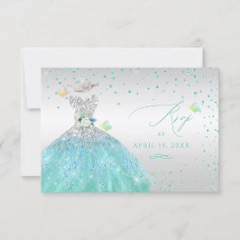 Invitación Quinceanera RSVP Turquoise Silver Purpurina Gown I