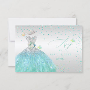 Invitación Quinceanera RSVP Turquoise Silver Purpurina Gown I