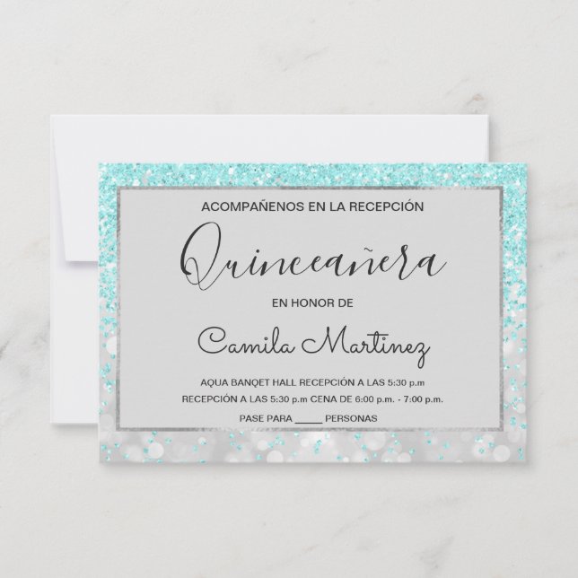 Invitación Quinceanera RSVP Verde azulada Blue Girly Purpurin (Anverso)