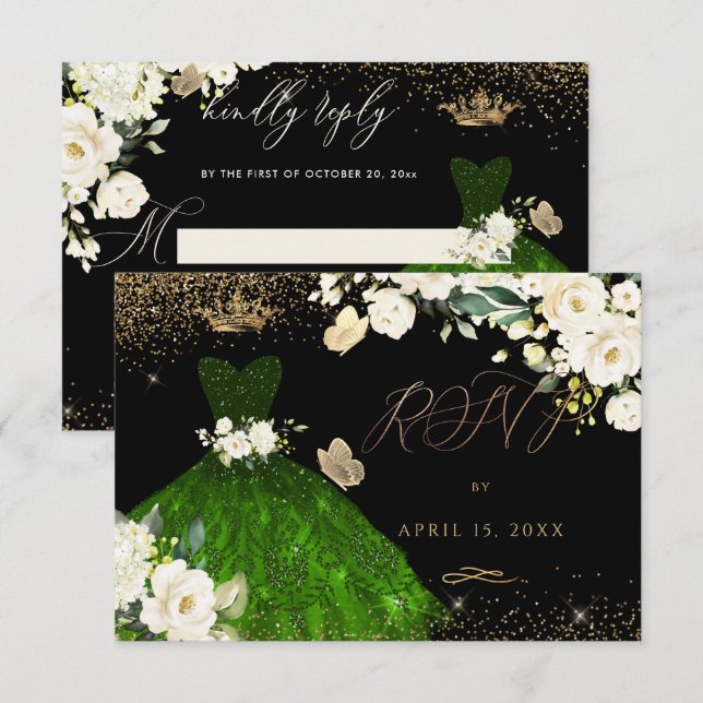 Invitación Quinceañera RSVP vestido de brillo verde esmeralda (Anverso / Reverso)