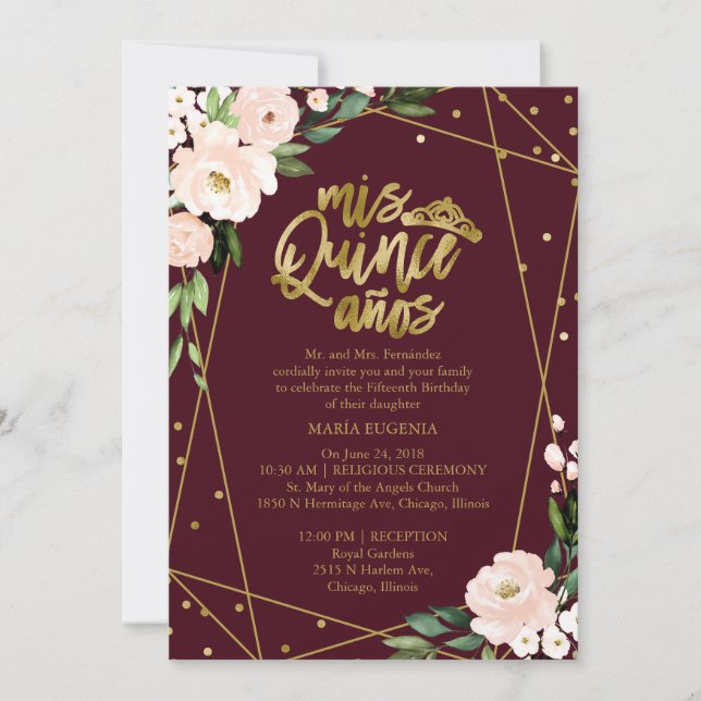 Invitación Quinceanera Rubor bilingüe Borgoña (Anverso)