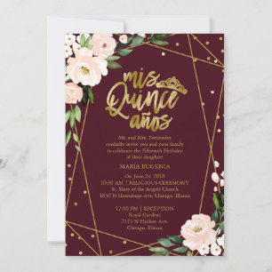 Invitación Quinceanera Rubor bilingüe Borgoña