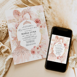 Invitación Quinceañera Rubor Boho Floral Pampas Vestido de Gr