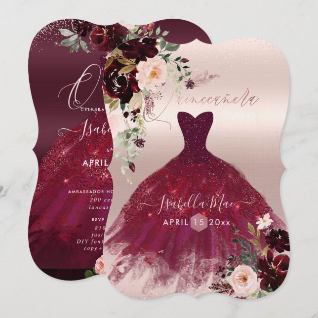 Invitación Quinceanera Rubor Burgundy Watercolor Flores (Anverso / Reverso)