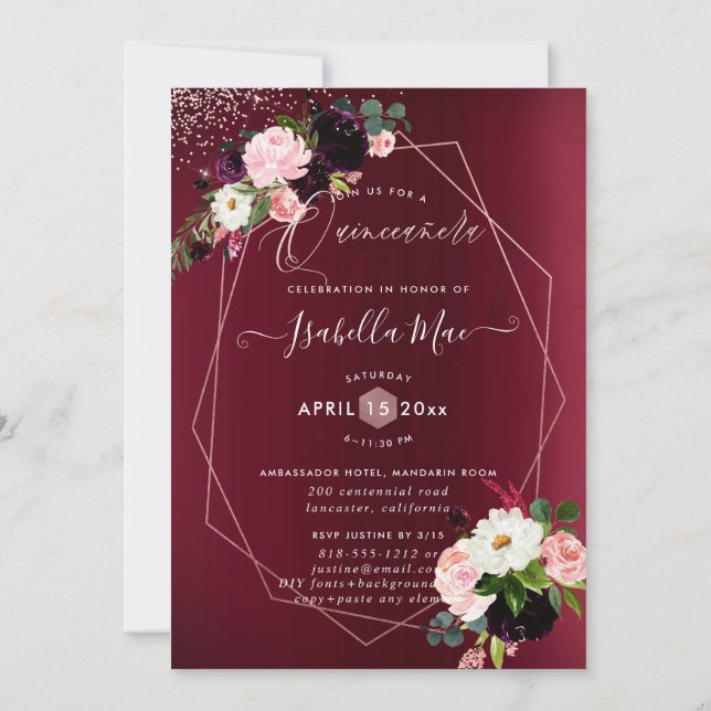Invitación Quinceanera Rubor Burgundy Watercolor Flores (Reverso)