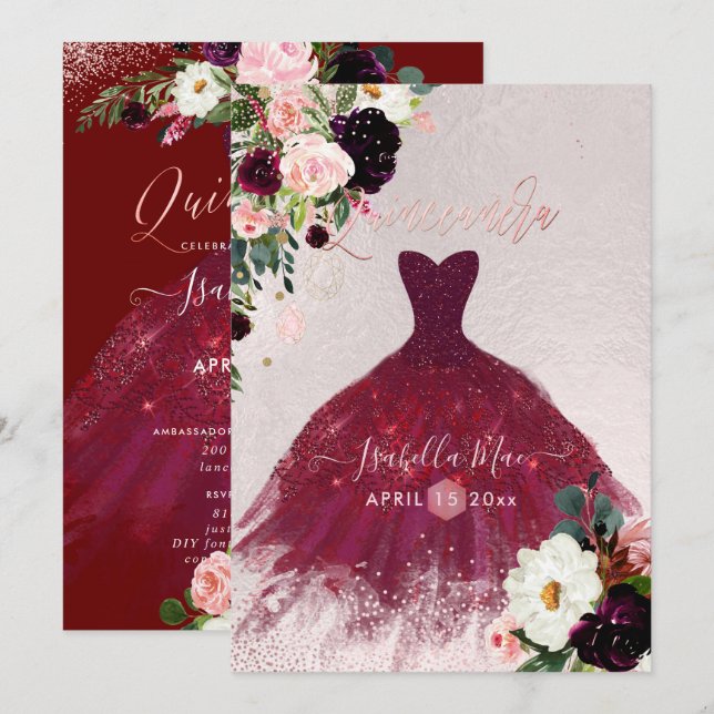 Invitación Quinceanera Rubor Burgundy Watercolor Flores (Anverso / Reverso)