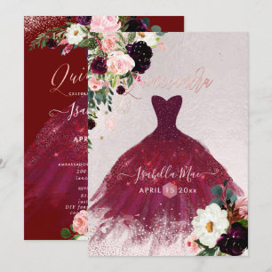 Invitación Quinceanera Rubor Burgundy Watercolor Flores