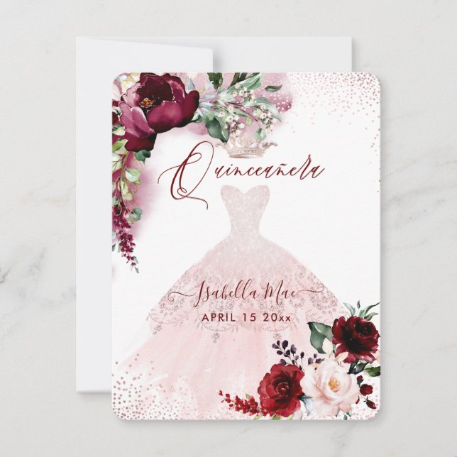 Invitación Quinceanera Rubor Burgundy Watercolor Flores Invi (Anverso)