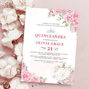Invitación Quinceanera Rubor Crown de plata rosada floral