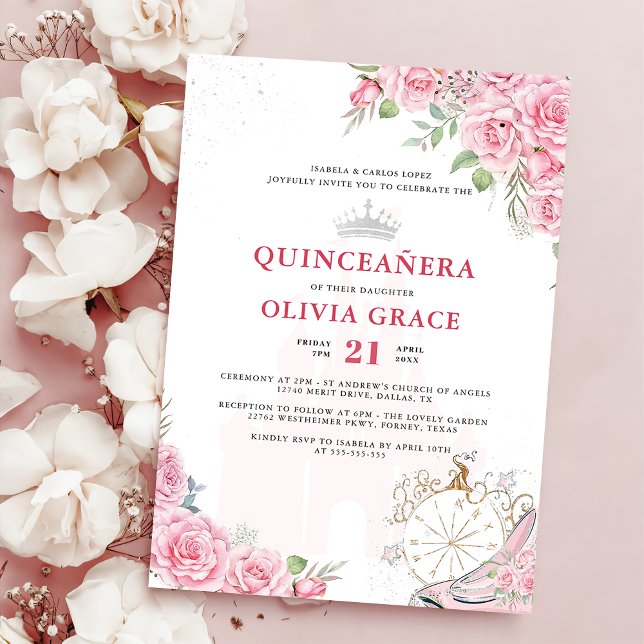 Invitación Quinceanera Rubor Crown de plata rosada floral (Subido por el creador)