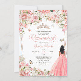 Invitación Quinceanera Rubor Floral blanca rosa y mariposa