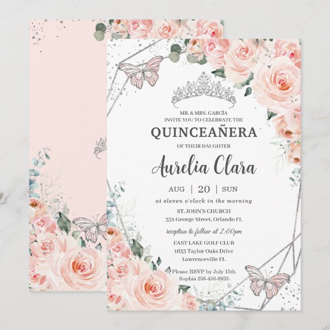 Invitación Quinceañera Rubor Floral Butterflies Silver Crown (Anverso / Reverso)