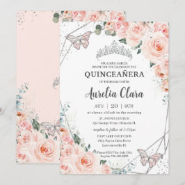 Invitación Quinceañera Rubor Floral Butterflies Silver Crown