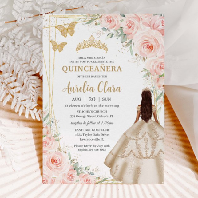 Invitación Quinceanera Rubor Floral Champagne Vown Gown (Subido por el creador)