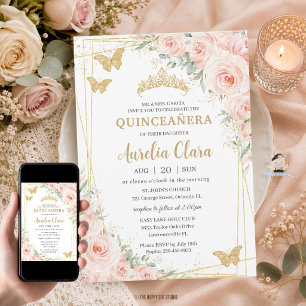 Invitación Quinceañera Rubor Floral Champán Mariposas