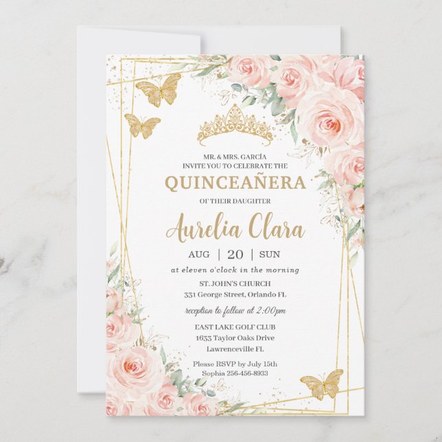Invitación Quinceanera Rubor Floral Champange Butterflies (Anverso)