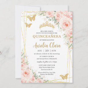 Invitación Quinceanera Rubor Floral Champange Butterflies