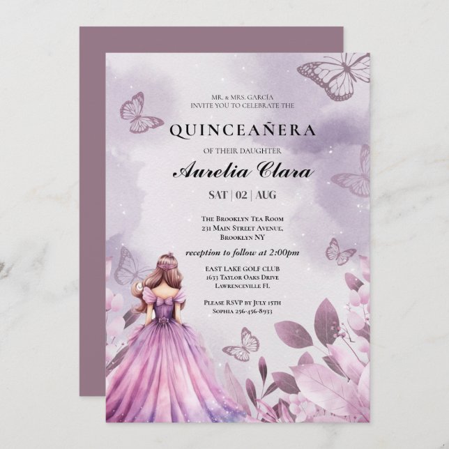 Invitación Quinceañera Rubor  floral mariposa púrpura (Anverso / Reverso)