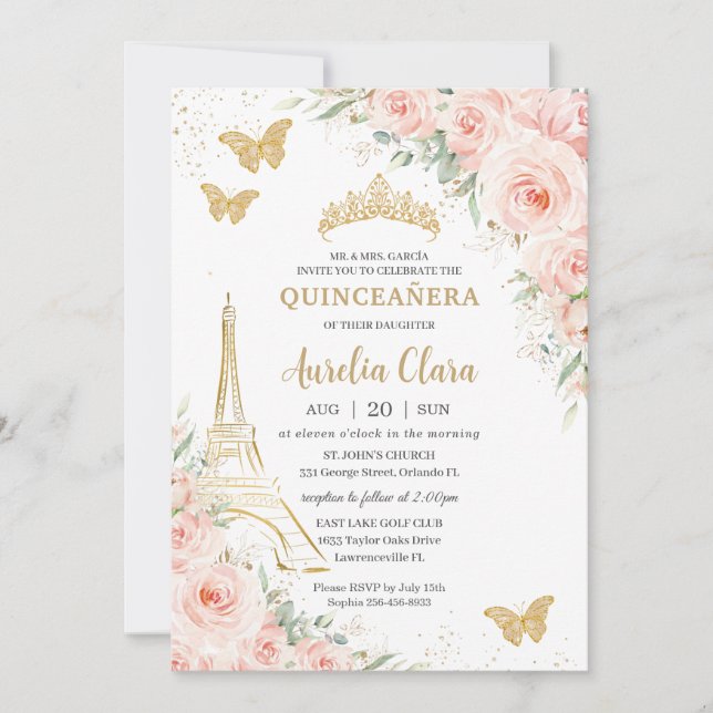 Invitación Quinceañera Rubor Floral Paris Eiffel Champagne (Anverso)