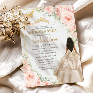 Invitación Quinceanera Rubor Floral Princesa Champán Vestido