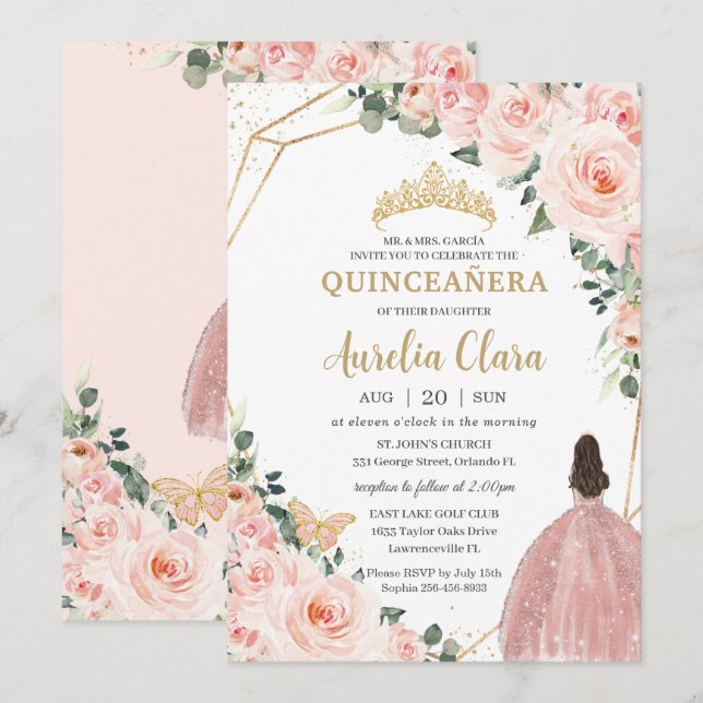 Invitación Quinceañera Rubor Floral Princess Gold Crown (Anverso / Reverso)