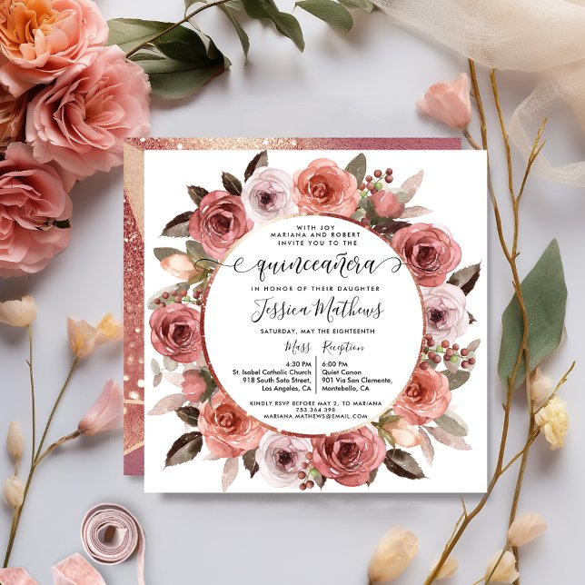 Invitación Quinceanera Rubor Floral Rosa Gold Floral (Subido por el creador)