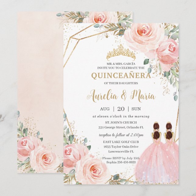 Invitación Quinceañera Rubor Floral rosa Mis Quince (Anverso / Reverso)
