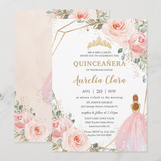 Invitación Quinceañera Rubor Floral rosa Mis Quince Anos (Anverso / Reverso)