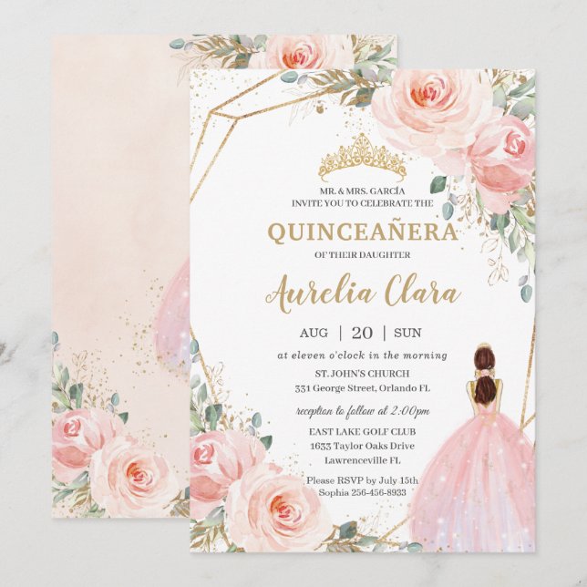 Invitación Quinceañera Rubor Floral Rosa Mis Quince Anos Inv (Anverso / Reverso)
