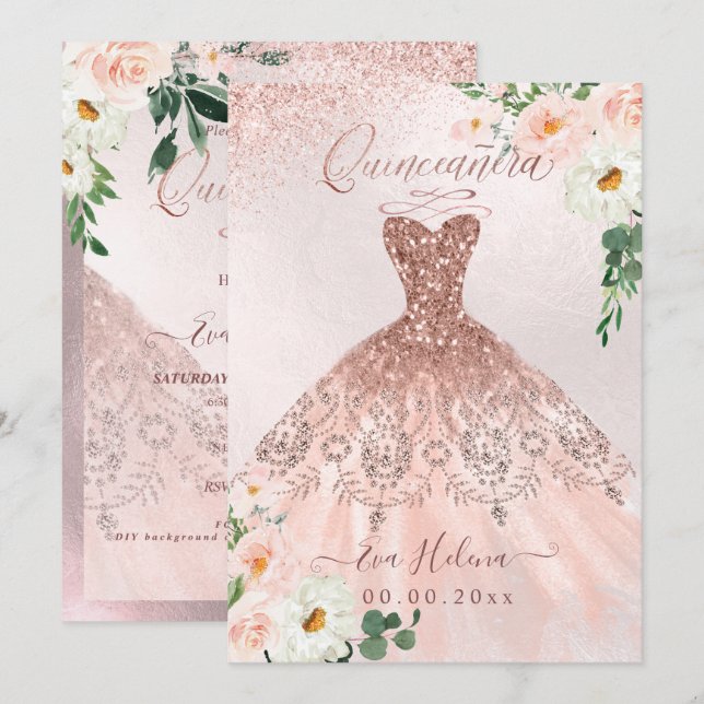 Invitación Quinceañera, Rubor Floral Sparkle Gown Rosa Gold (Anverso / Reverso)