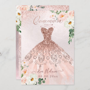 Invitación Quinceañera, Rubor Floral Sparkle Gown Rosa Gold